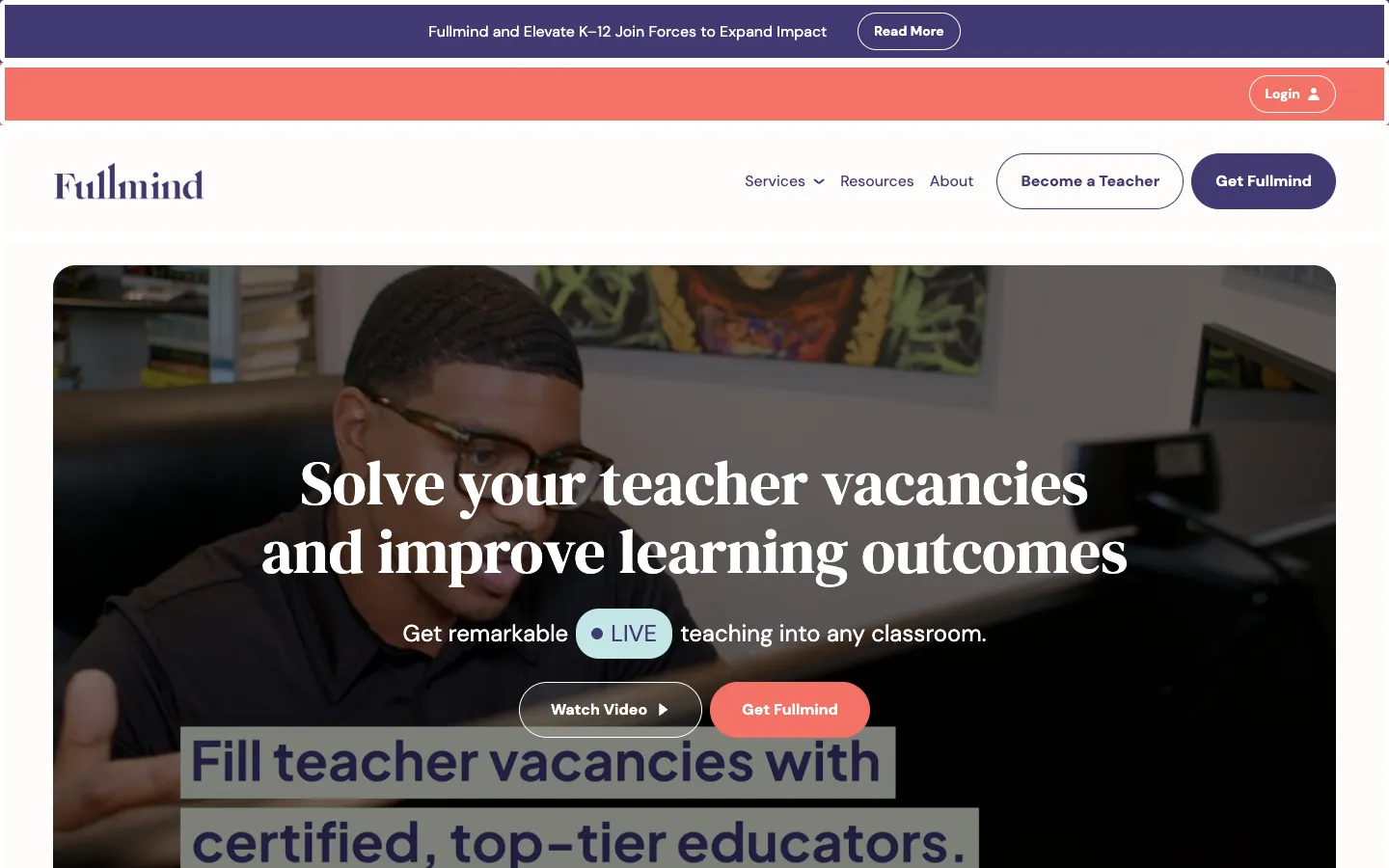 Fullmind homepage showing certified virtual teaching services for schools